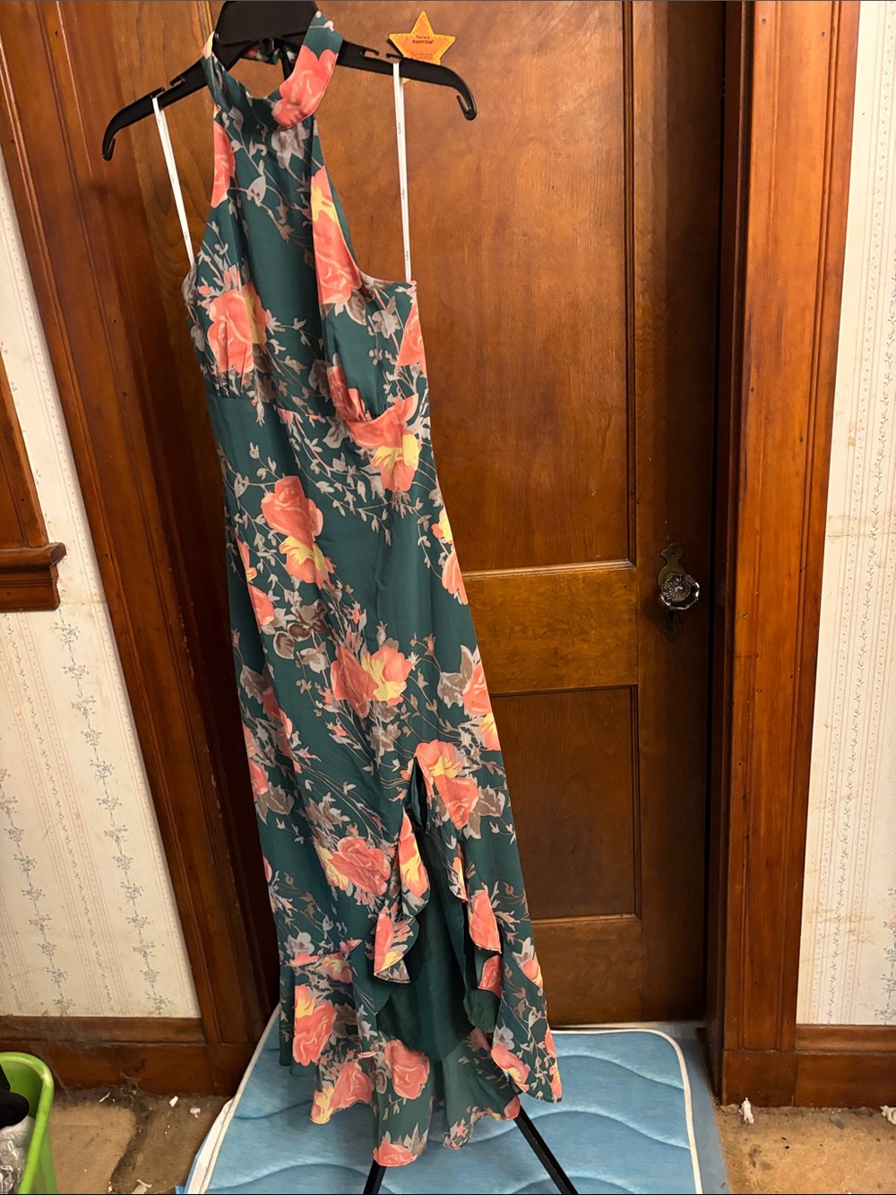 Lulu's Dark Green High-Low Halter Dress with Coral Floral Print